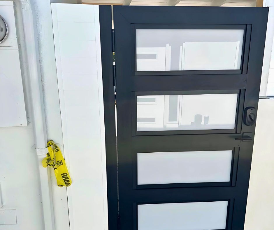 Full transparent plexiglass gate panel providing unobstructed garden view