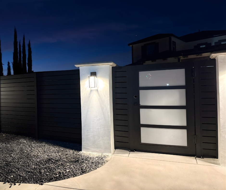 Minimalist aluminum plexiglass gate with clean panel layout for garden boundary