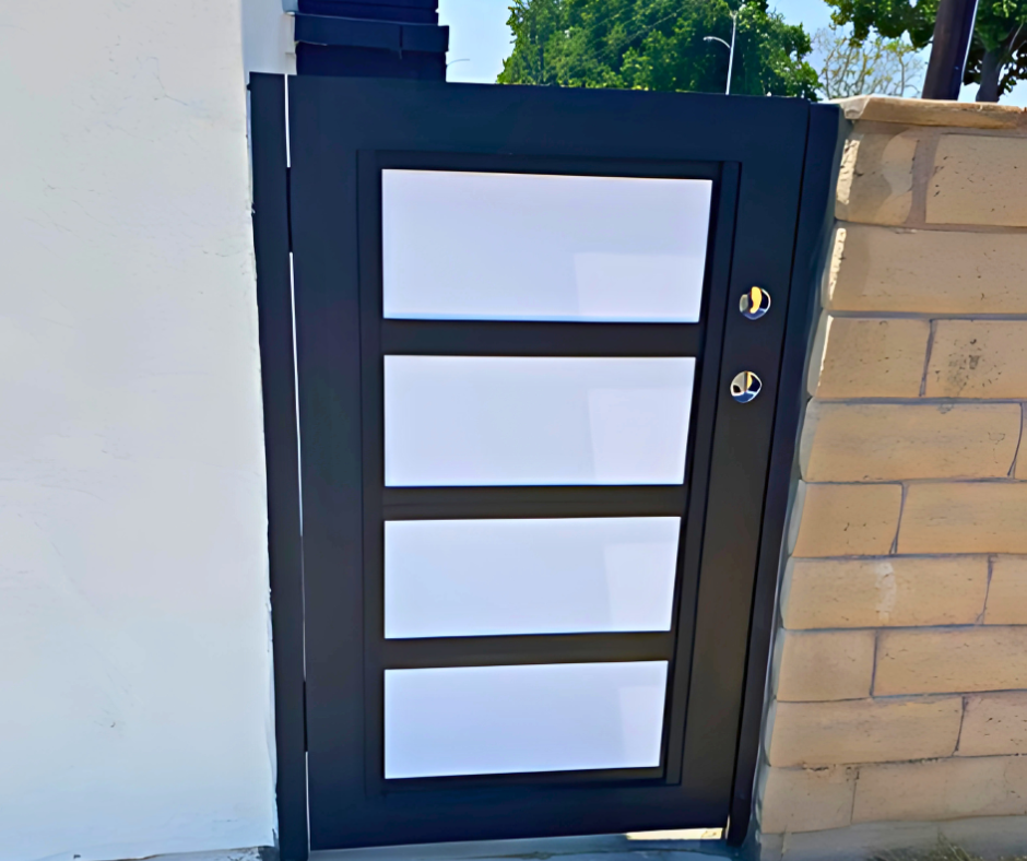 Wide aluminum plexiglass driveway gate with transparent acrylic infill panels