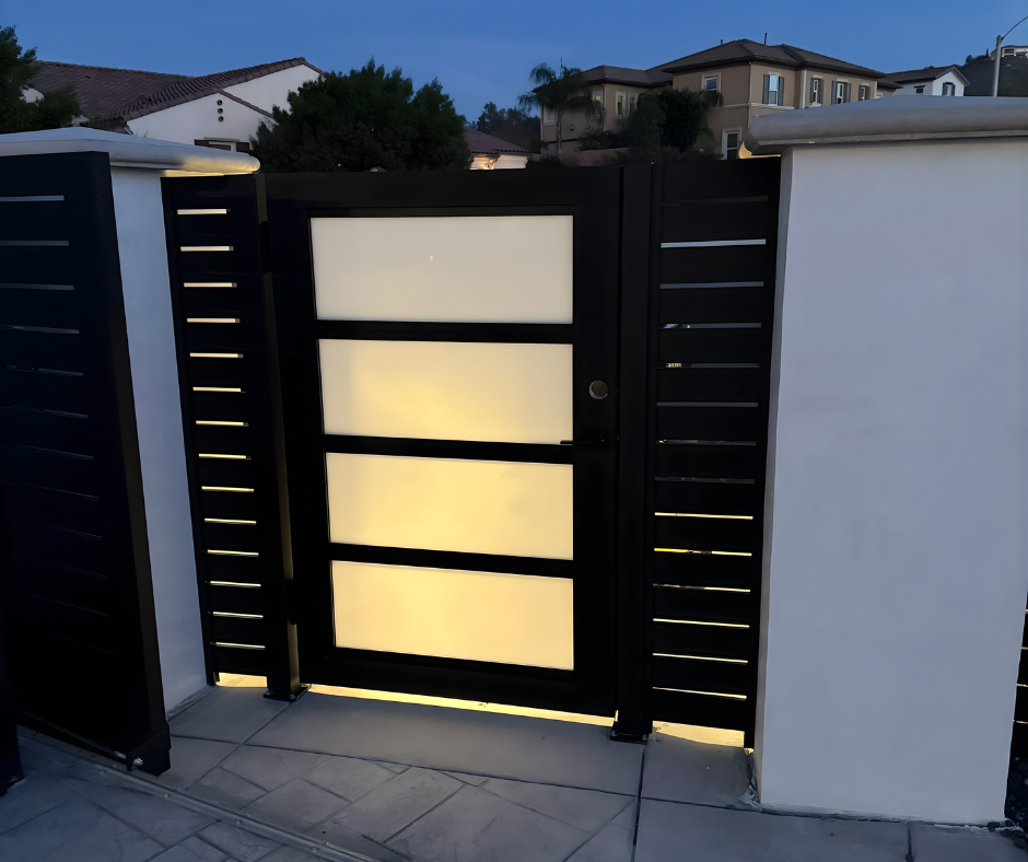 Aluminum gate with anti-UV plexiglass infill panels for long-lasting outdoor use