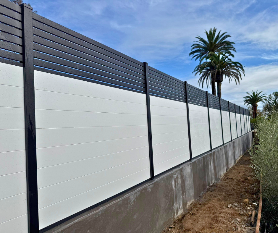 Profile 50-60 aluminum tongue and groove privacy fence in anthracite gray