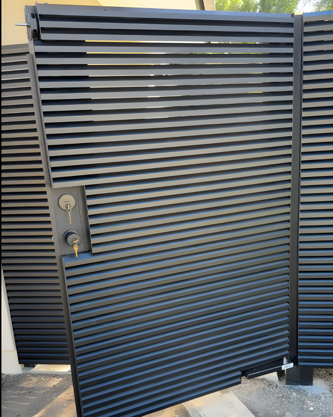 Close-up of AeroLouver gate angled slat detail providing zero sightline privacy