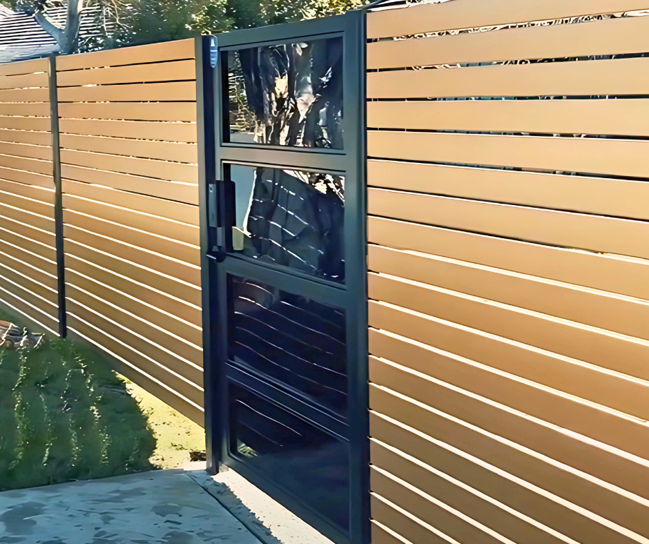 Aluminum plexiglass gate installed at residential garden entrance with clear panel view
