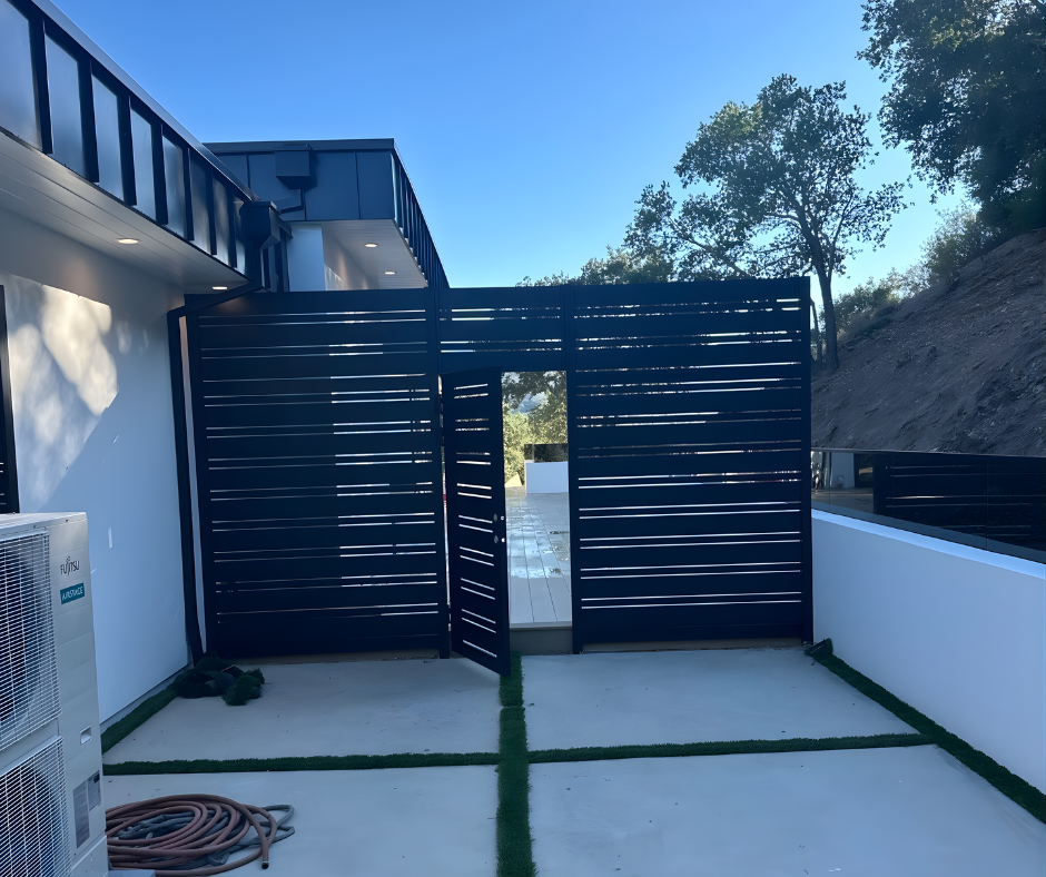 Profile 20 aluminum pedestrian gate with narrow slat infill for side entrance