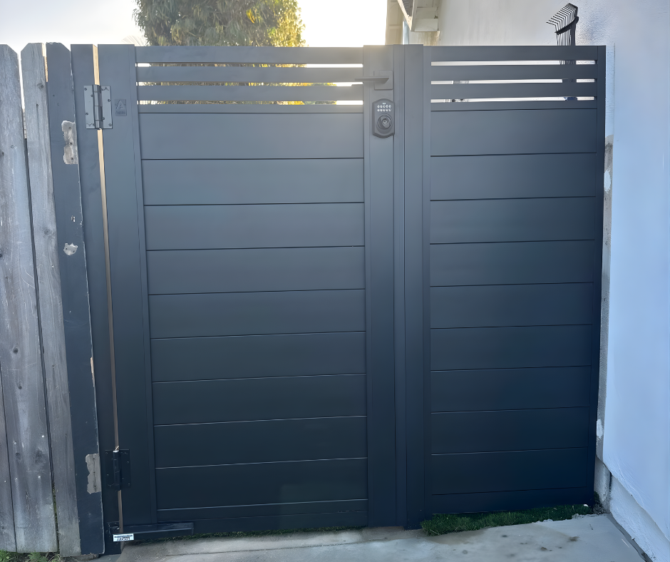 Aluminum DIY gate kit in dark gray for contemporary property boundary