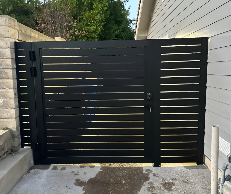 Profile 40 aluminum gate with wide slat infill and sturdy welded frame construction