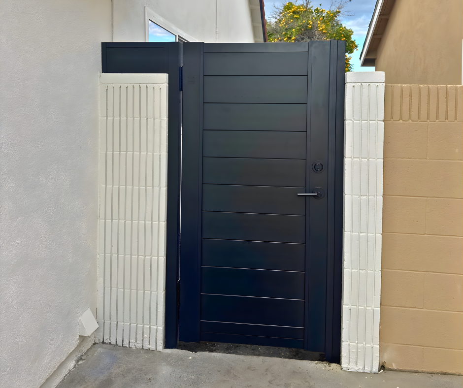 DIY aluminum gate with horizontal rail frame for modern home exterior