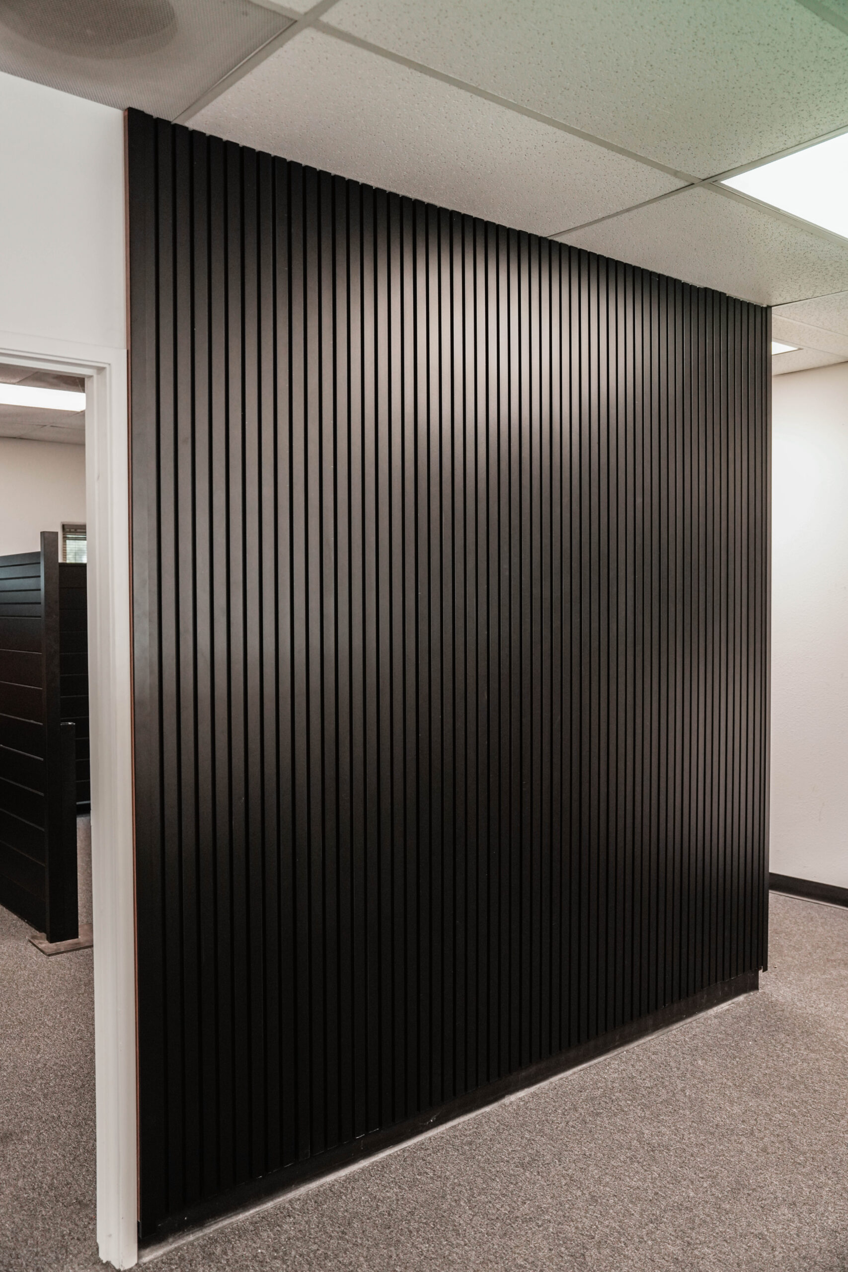 Aluminum tongue and groove wall cladding installed on modern building exterior facade