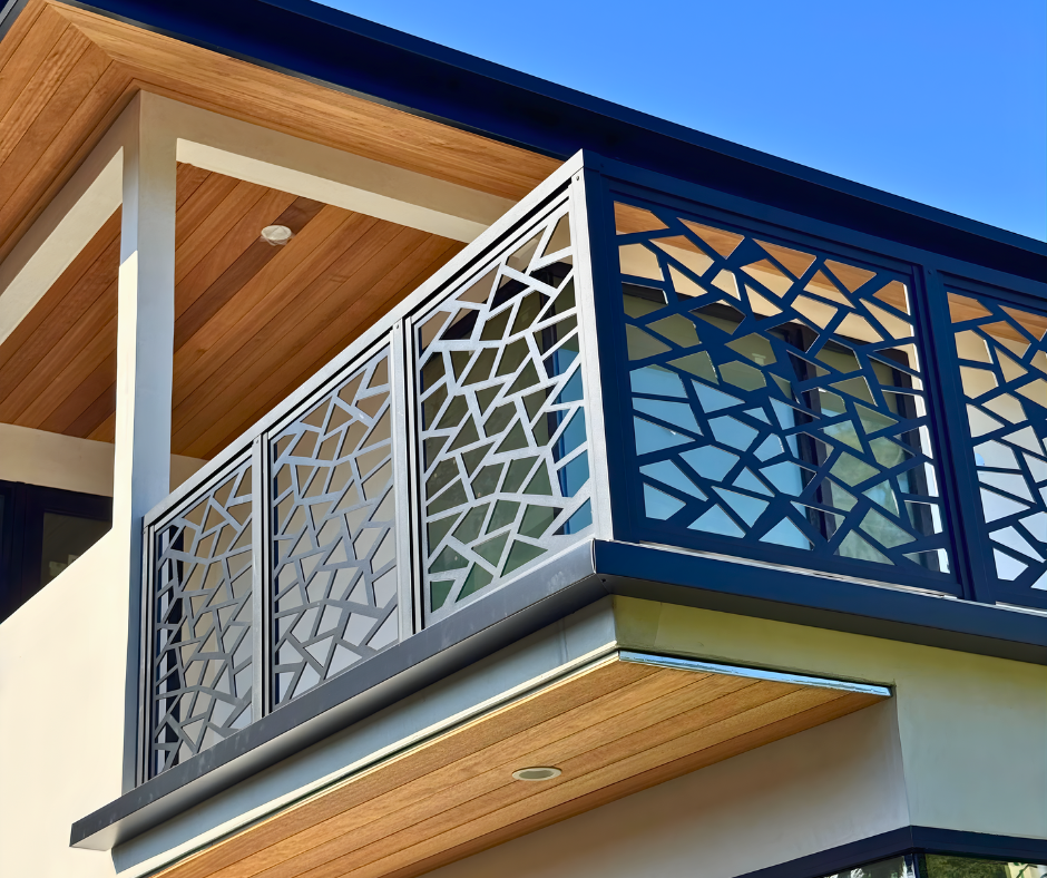 Laser cut aluminum privacy panel installed on modern exterior