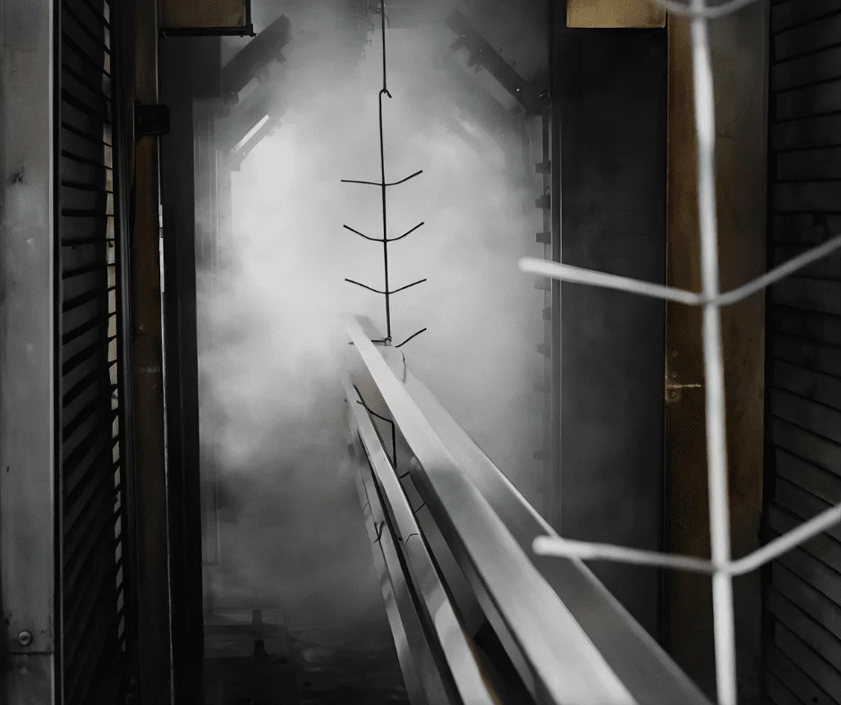 Powder coating application inside the finishing line