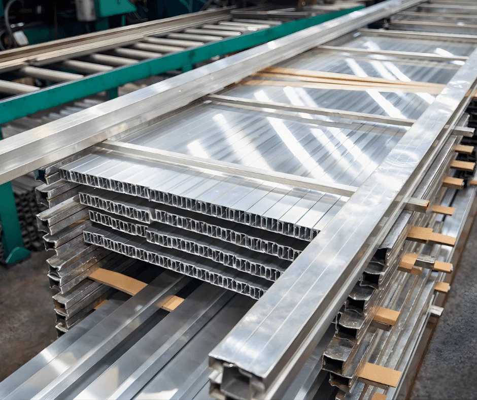 Aluminum gate and fence frames stacked and staged for assembly