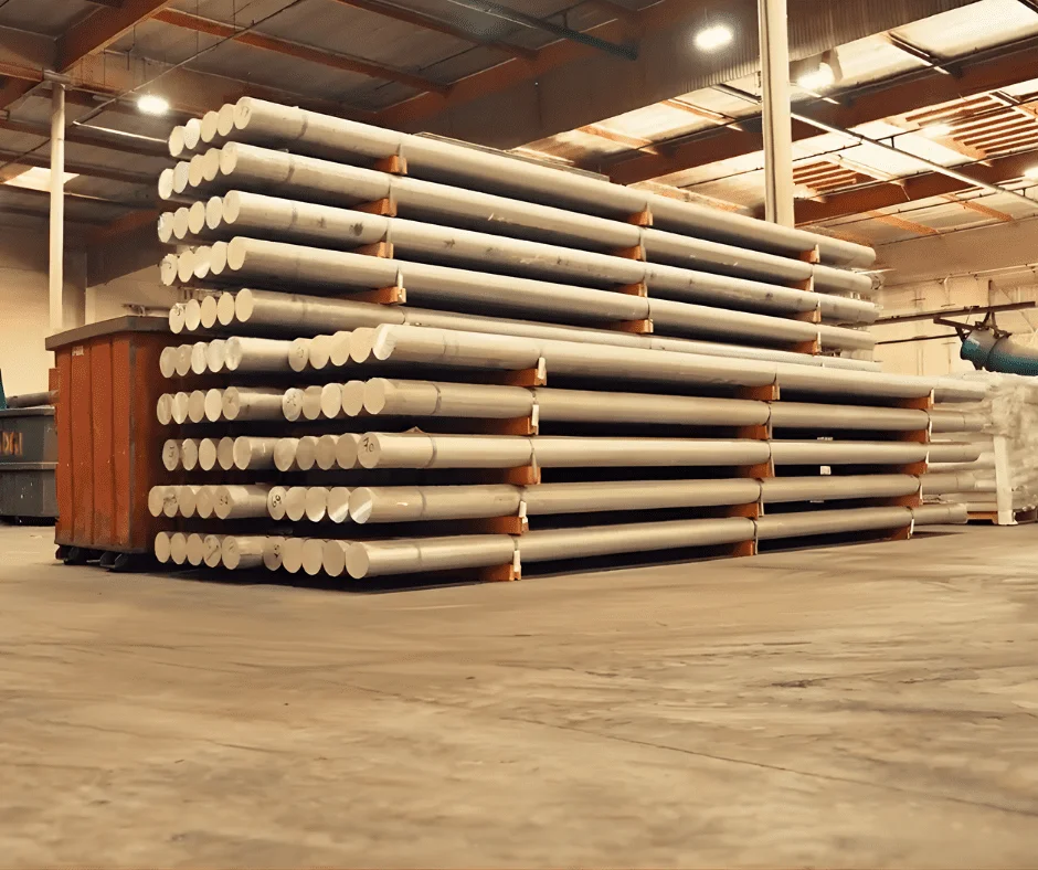Aluminum profiles stacked and organized in the warehouse