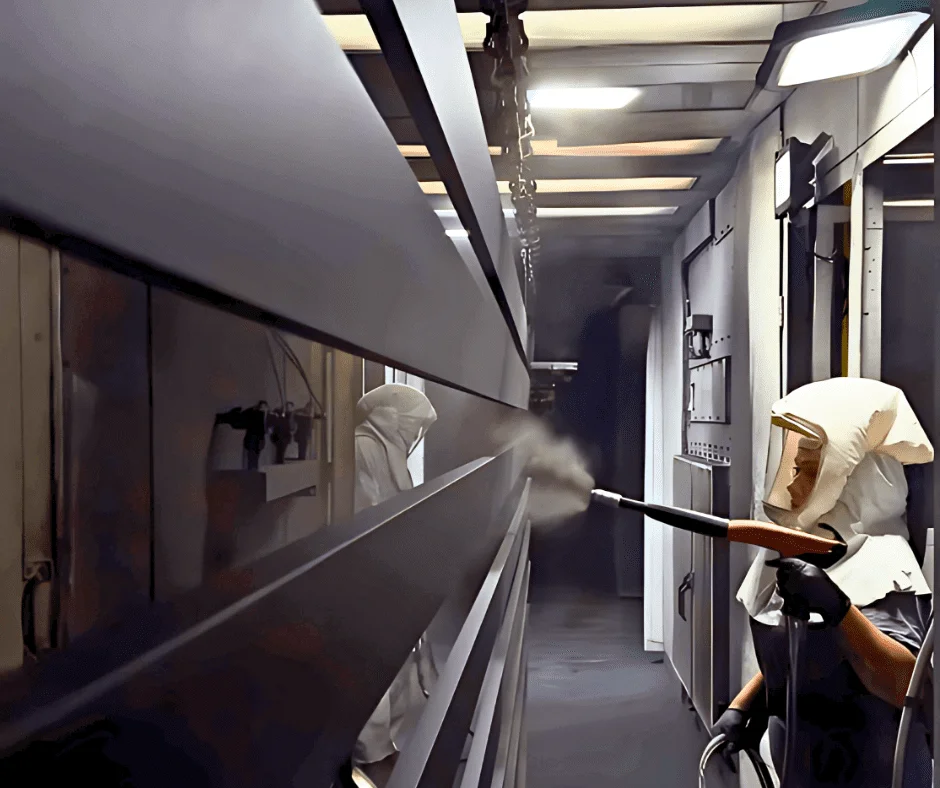 Powder coating oven line with finished aluminum profiles curing